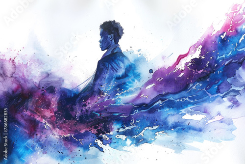 A painting featuring a man depicted in vibrant blue and purple colors, showcasing a bold and striking artistic style