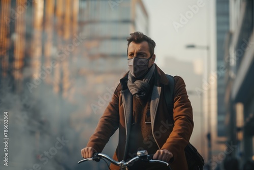 A cyclist navigates through a cityscape engulfed in morning fog air pollution, casting a serene yet somber mood bad environment.