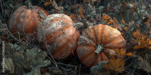 A group of pumpkins sitting on a pile of leaves. Ideal for autumn-themed designs