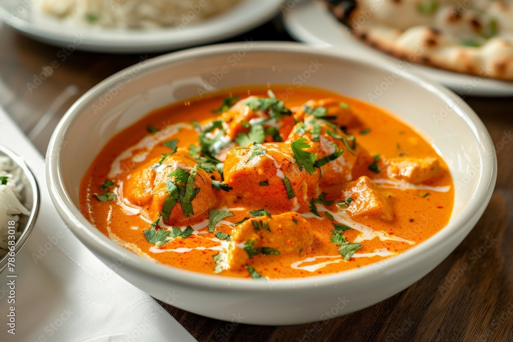 Close-Up of Indian Butter Chicken in Creamy Spicy Sauce, Garnished with Coriander in Restaurant Setting Close-Up of Indian Butter Chicken in Creamy Spicy Sauce, Garnished with Coriander in Restaurant Setting