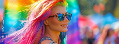 Vibrant portrait of a woman with rainbow-colored hair at a festival, reflecting joy and the celebration of diversity 