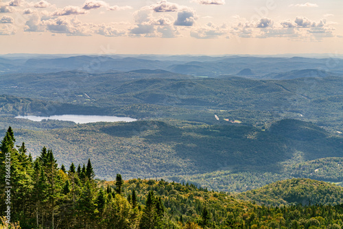 Breathtaking view from Mont Tremblant featuring expansive Canadian forests. High quality photo. Lac-Superier Lake, Quebec, Canada.