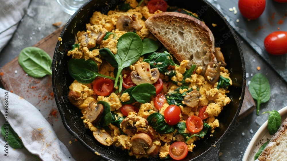 health-focused breakfast spread showcasing a scrambled tofu skillet with spinach, mushrooms, tomatoes, and a side of gluten-free toast