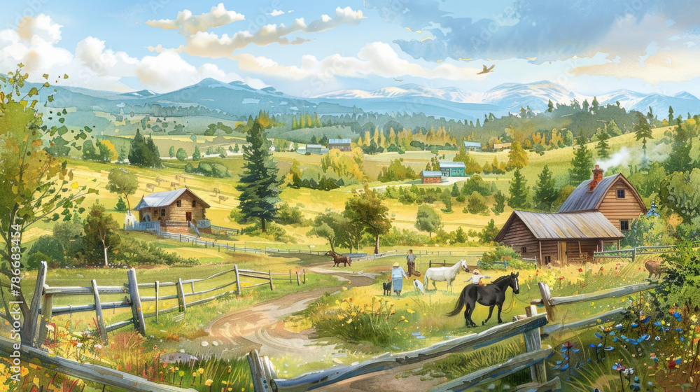 Obraz premium A painting depicting a rural scene with multiple horses grazing in a meadow, surrounded by trees and a rustic fence under a clear sky