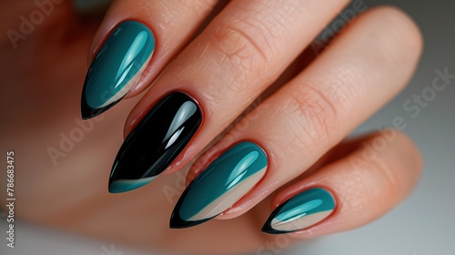 Elegant French Nail Art in Turquoise and Beige on Female Hand photo