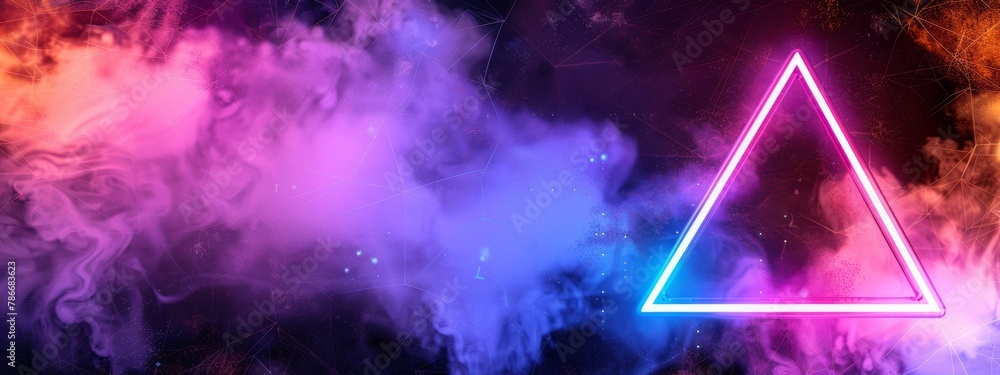 Neon triangle against a vibrant, colorful smoke background in pink, purple, and blue hues, representing modern design and futuristic art. Concept of abstract, neon, and digital art.