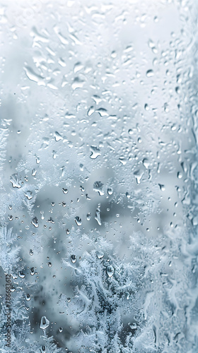 Liquid abstract background with drops, misted glass, wet texture, smooth and shiny, flowing textures, light grey. Rain effect. Phone wallpaper for screen. © Alexey
