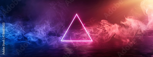 Abstract neon triangle in a mystical foggy landscape, Concept of mystery and futuristic design 
