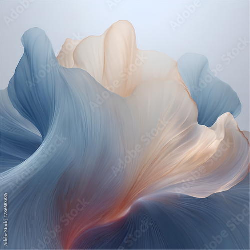 A curved transparent fluid  material with blue and light pink tones against a clear background