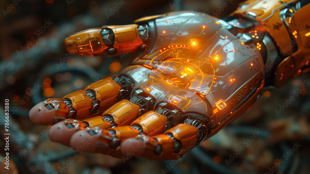 Fototapeta premium A Robotic Arm Glows With An Inner Fire, Symbolizing The Leap Of High-Tech Advancements In Robotics