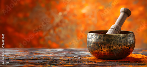 Harmonious resonance emanates from a Tibetan singing bowl, its tranquil form resting serenely against a vibrant orange backdrop, evoking warmth and spiritual depth. Greeting card with copy space.  photo