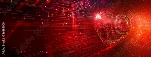 Digital heart composed of red and golden particles on a dark background, symbolizing love, technology, and innovation. Concept of digital love, technology, and romance. © JovialFox