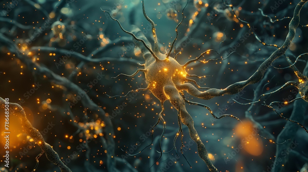 Artistic illustration of a neural network with vibrant synapses and ...