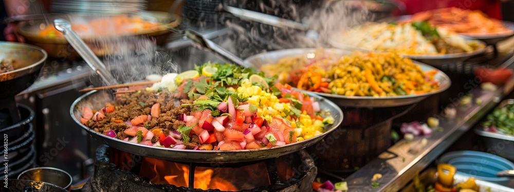 Mexican street food items are being cooked on a grill, vibrant flavors and colors of traditional