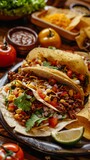 Three tacos on a plate with salsa and tortillas
