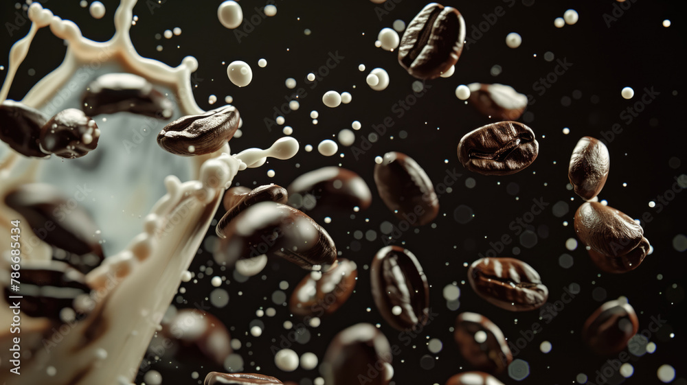 A cascade of coffee beans and milk droplets on a sumptuous dark chocolate gradient A cascade of coffee beans and milk droplets on a sumptuous dark chocolate gradient