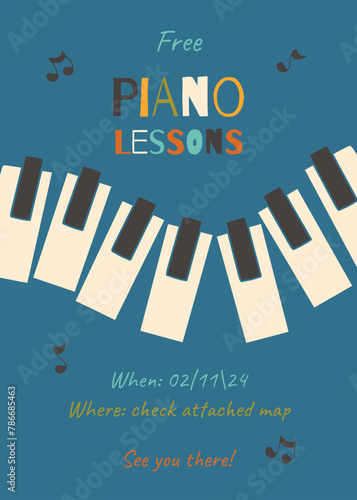 Kids music class flyer. Piano lesson booklet design. Musical card template