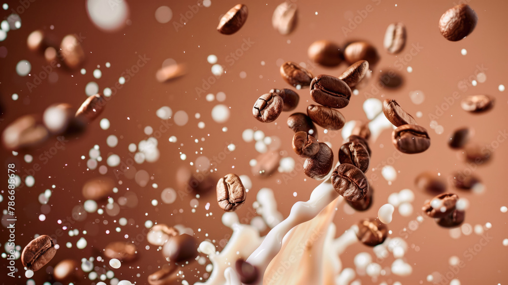 Coffee beans leaping through a milky mist, set against a warm brown tone Coffee beans leaping through a milky mist, set against a warm brown tone
