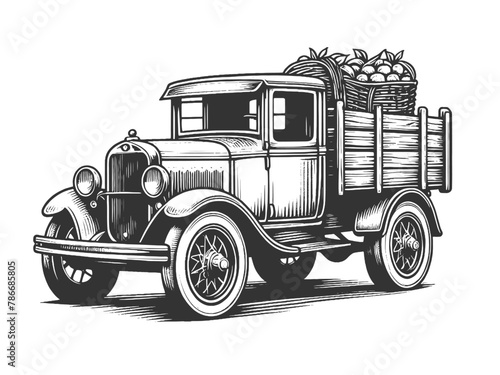 old-fashioned farm truck in a rustic countryside setting sketch engraving generative ai fictional character vector illustration. Scratch board imitation. Black and white image.