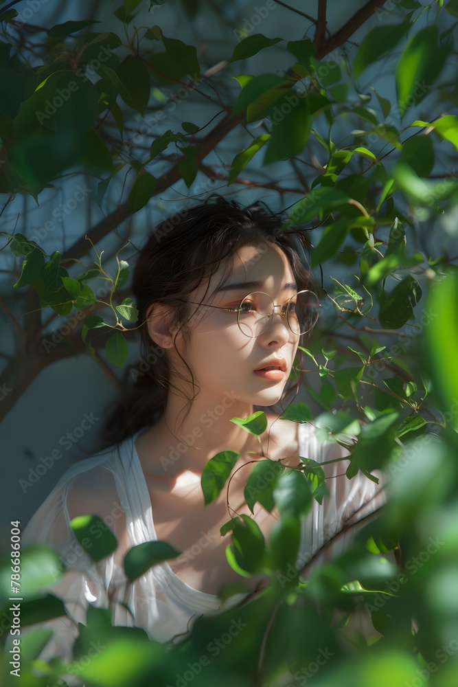 A woman standing under a tree with green leaves A woman standing under a tree with green leaves