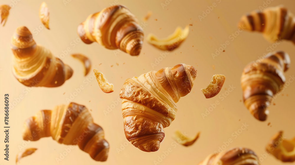 Levitating lush fresh croissants fly in the air on a yellow dark background Levitating lush fresh croissants fly in the air on a yellow dark background