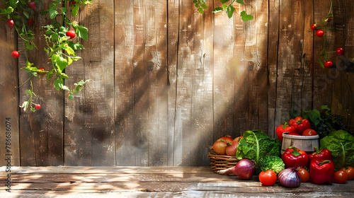 Fresh Fruits and Vegetables on Wooden Background