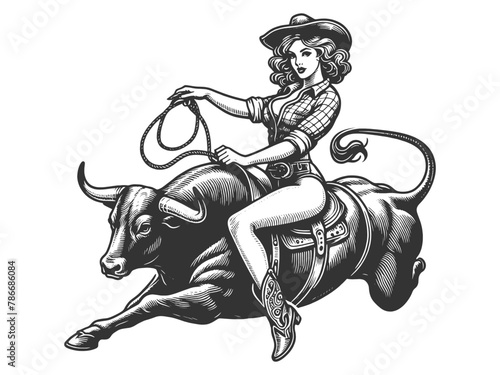 Pin-up woman bull cowgirl in full rodeo action, riding bull with a lasso sketch engraving generative ai fictional character vector illustration. Scratch board imitation. Black and white image.