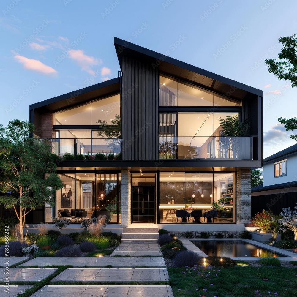 Fototapeta premium A stunning modern luxury home with a sleek glass facade seamlessly blending indoor and outdoor living spaces. A beautifully landscaped garden and tranquil pond complete the scene at dusk.
