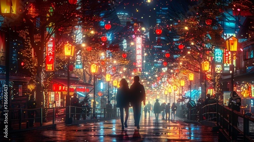 Romantic evening stroll in a vibrant, festive city street illuminated by lights