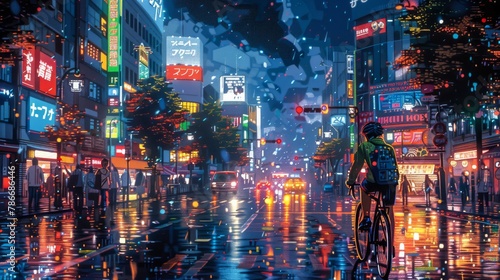 Pixel art cyclist on rainy city street illuminated with vibrant streetlights