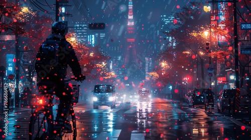 Pixel art cyclist on rainy city street illuminated with vibrant streetlights © Yusif