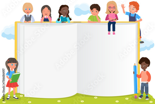 Flat Vector Illustration of Brochure With Kids, Happy Smiling Children Holding Open Books