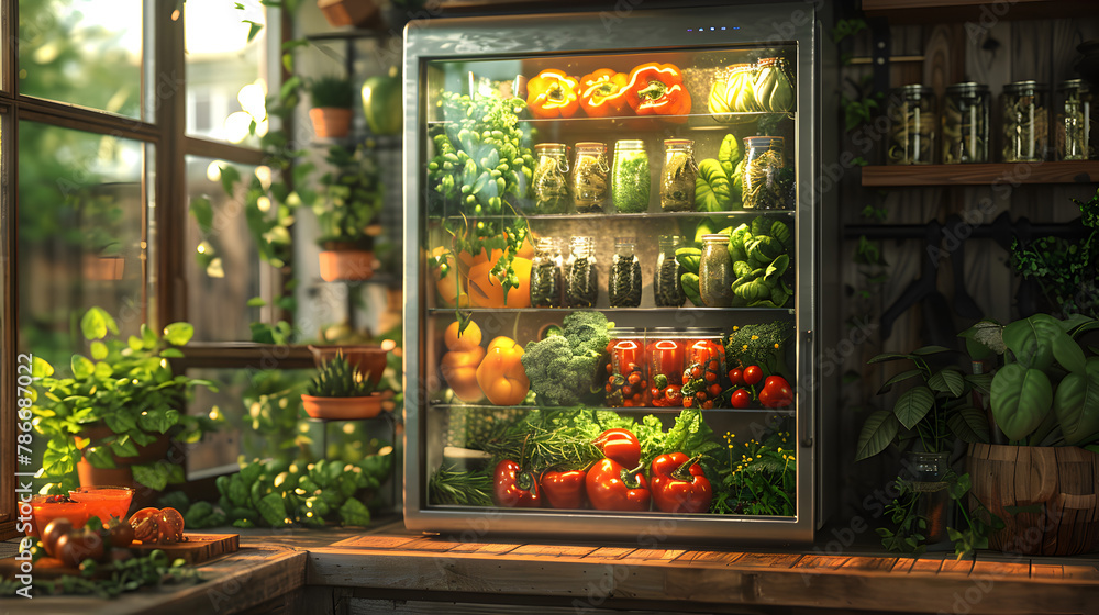 The Smart Fridge HUD Hologram,
A veggie fridge with a lot of vegetables and a fruit juice
