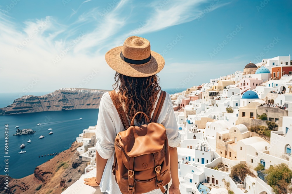 woman in traditional greek village Oia of Santorini, with blue domes against sea and caldera, Greece