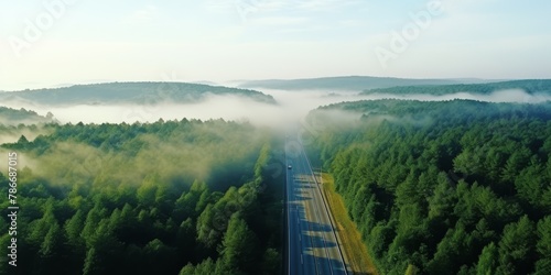 road among the forests bird's eye view Generative AI © Evghenii
