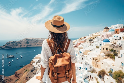 woman in traditional greek village Oia of Santorini, with blue domes against sea and caldera, Greece