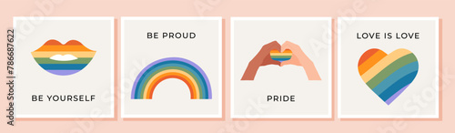 Vector set of greeting cards for LGBTQIA Pride Month. A collection of social media posts with strange slogans, phrases and quotes. LGBT hand, heart, lips and rainbow gesture.