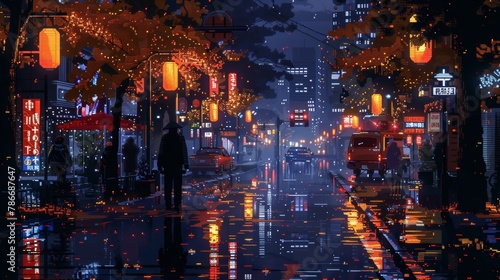 Pixel art of a lone figure under neon lights in a rainy city street at night © Yusif