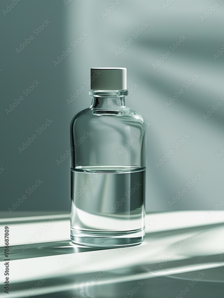 Beautiful smooth from cognac or cognac or gin or whiskey glass bottle without liquid inside. Attractive blue background with shadows, minimalistic image for sellings. Fresh ice water Beautiful smooth from cognac or cognac or gin or whiskey glass bottle without liquid inside. Attractive blue background with shadows, minimalistic image for sellings. Fresh ice water