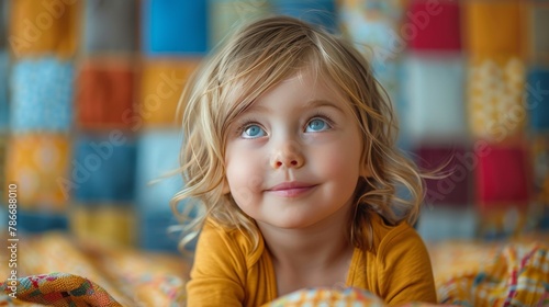 Close-up portrait of a young girl with blue eyes in a cozy room wearing a yellow dress