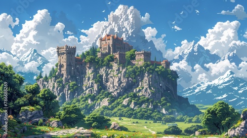 Enchanting pixel art castle nestled in lush mountains and serene lake setting