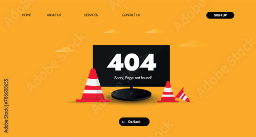 404 error. Error 404 on black screen cover banner, web page template with red traffic cones with orange background. System error, broken page template for website. photo