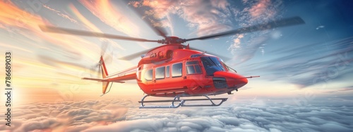 emergency medical Helicopter banner. Air rescue service in action photo