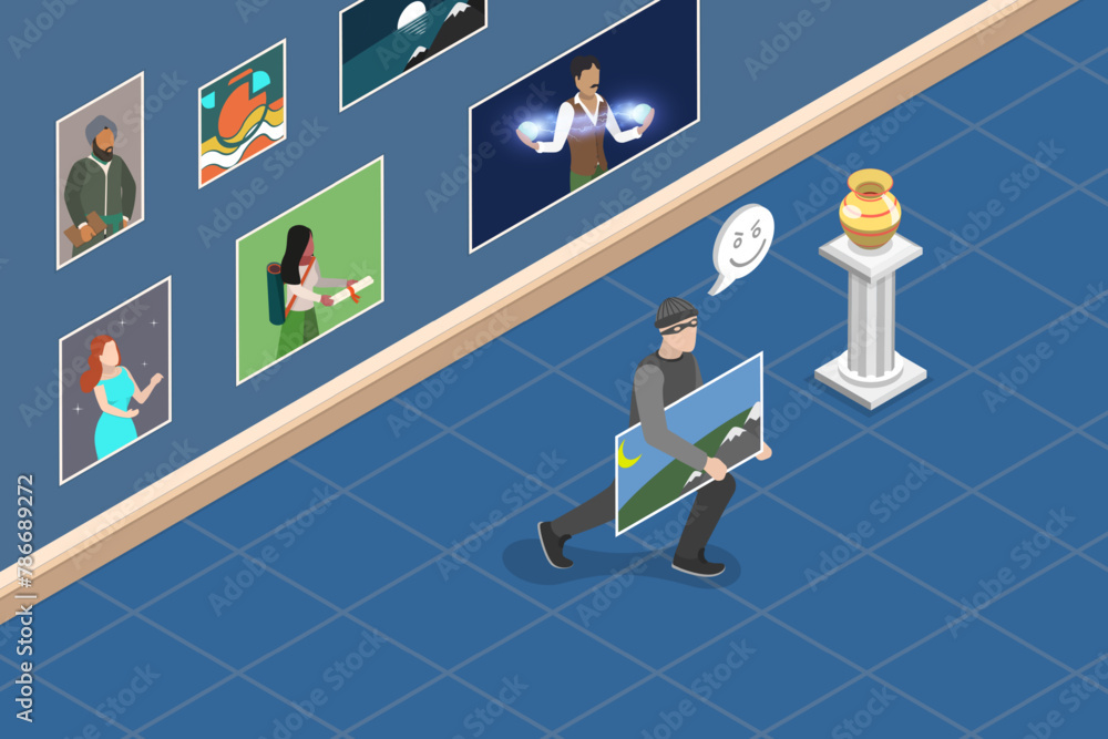 3D Isometric Flat Vector Illustration of Stealing Painting, Art Gallery Robbery 3D Isometric Flat Vector Illustration of Stealing Painting, Art Gallery Robbery