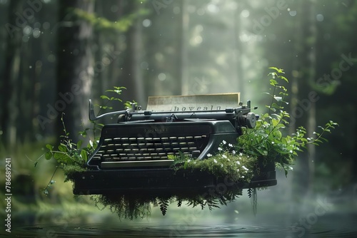enchanted typewriter floating above lush forest river surreal nature concept