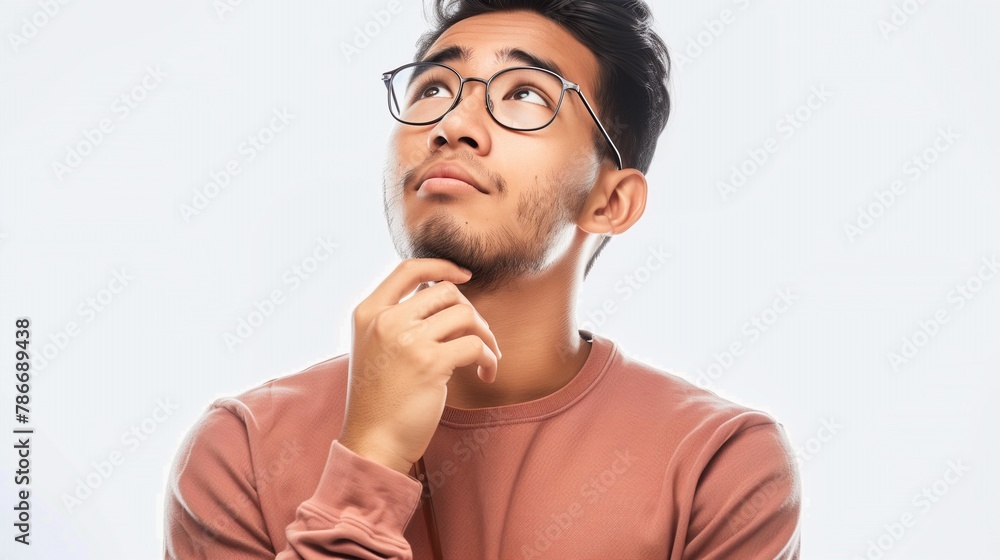 Thoughtful Asian young man in framed eye glasses wearing beige sweatshirt isolated on white background, studio shot, hand on chin. Thoughtful Asian young man in framed eye glasses wearing beige sweatshirt isolated on white background, studio shot, hand on chin.