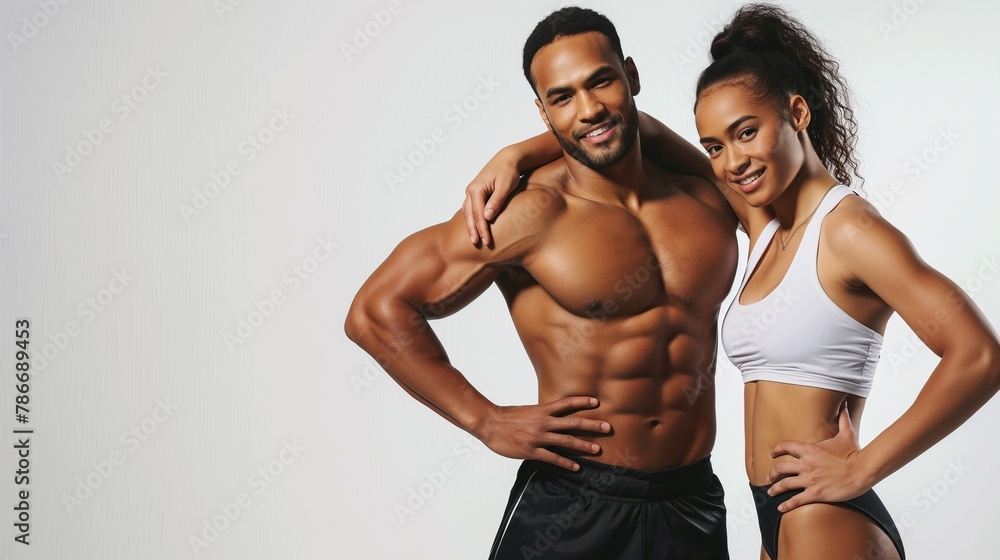 Athletic man and woman isolated over white background, happy man and woman back to back smiling and posing to the camera, copy space. Personal fitness instructor. Personal training.