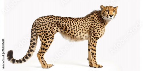 Cheetah isolated on white background, standing and looking at the camera.