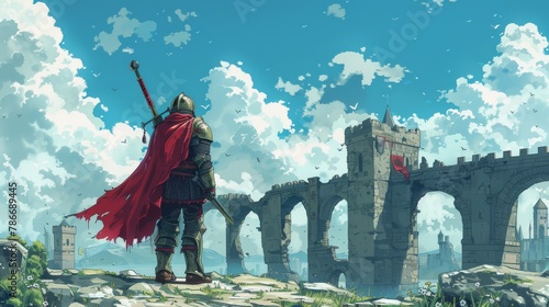 Pixel art of a knight overlooking a fortress at sunset, evoking a sense of adventure and solitude