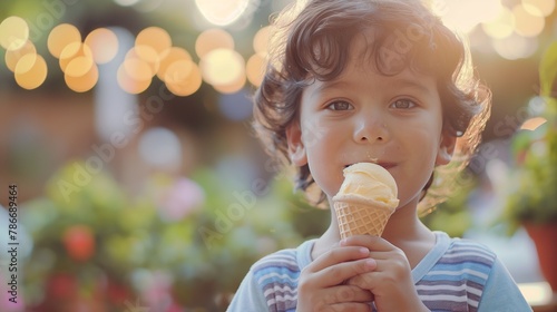 Happy cute little Latino boy eating an ice cream on sunshine beach with large copy space  concept of delight in summer vacation  travel  sweet summer time.